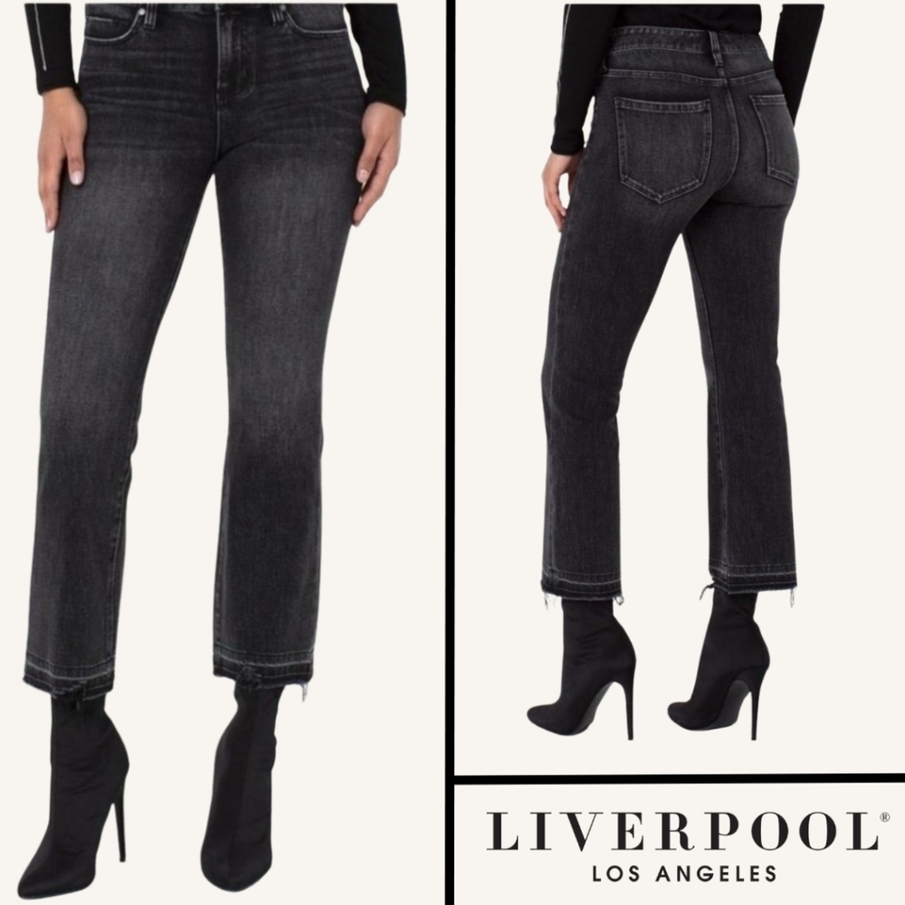 Liverpool Women's Crop Flare Jeans Stretch Black/Gray Denim Fray Hem Size 10/30